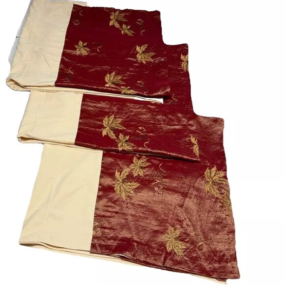 Set of 3 Luxury Curtains Drapes Tab Top Panels 92" Long Beige Red Border Hem - Picture 4 of 7
